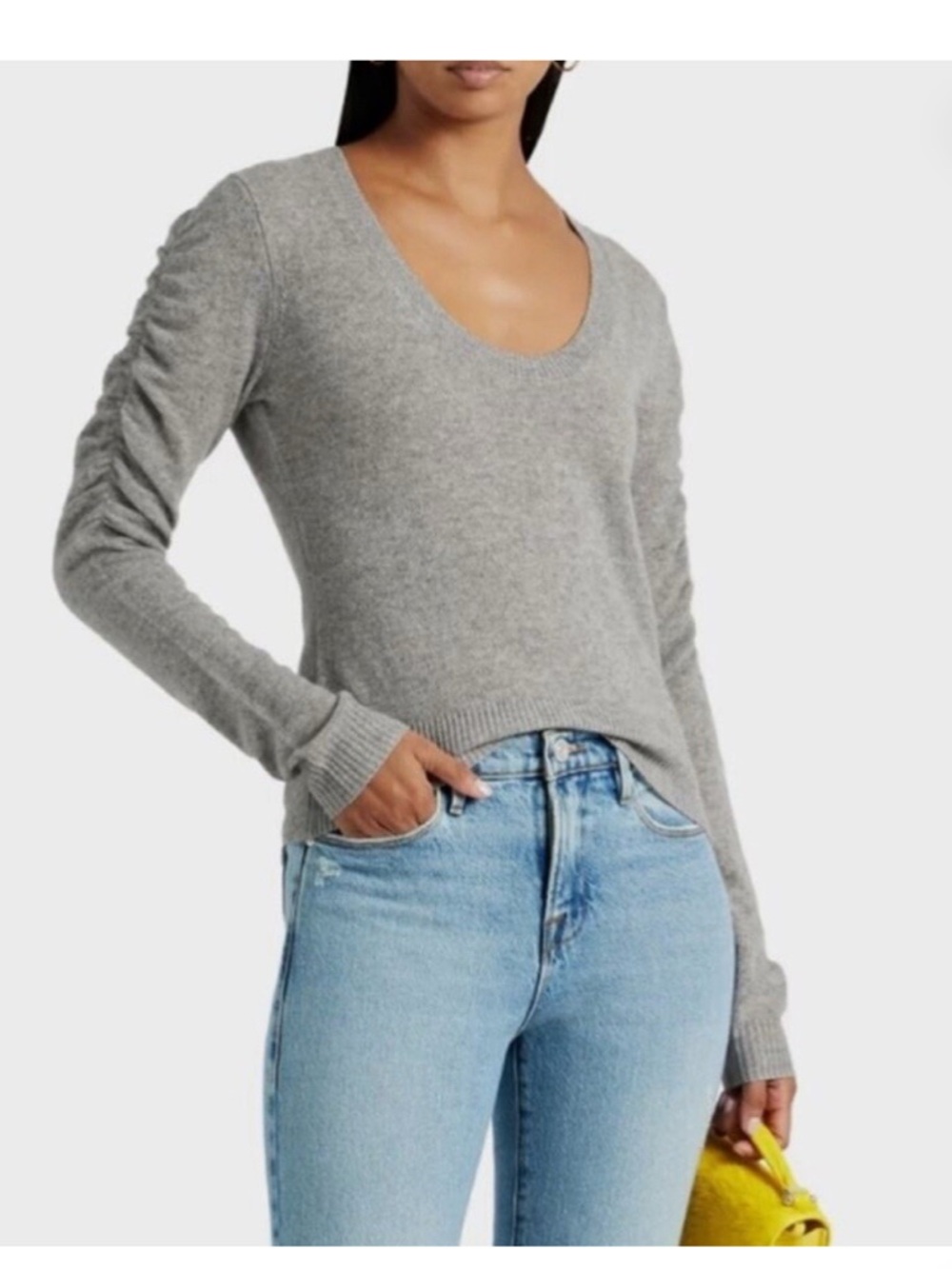 FRAME Ruched Sleeve 100% Cashmere Sweater Gris Heather Size Large